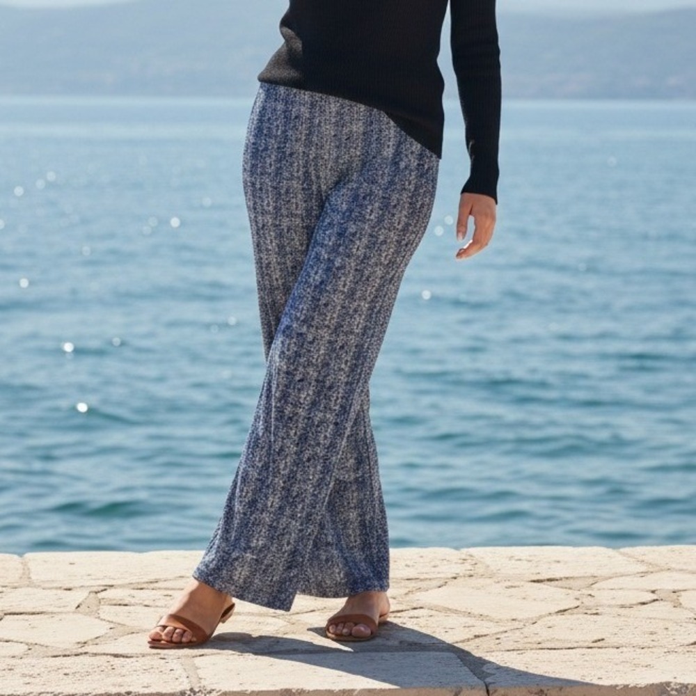 Easywear Chico's 3 Pants‎ Wide Leg Textured Blue Knit Comfort Stretch XL